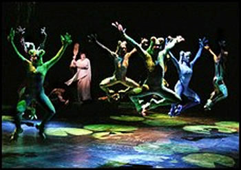 The chorus of frogs in Lincoln Center Theater's production of "The Frogs"