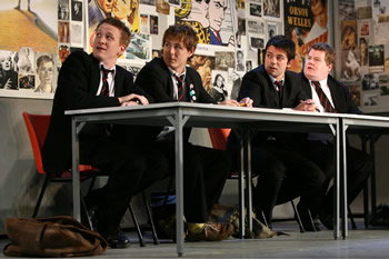 Jamie Parker (Scripps),  Andrew Knott (Lockwood), Dominic Cooper (Dakin),  James Corden (Timms) inNicholas Hytner's London National Theatre production of Alan Bennett's "The History Boys." Photo: Joan Marcus