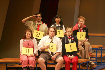 Jose Llana, Deborah S. Craig, Jesse Tyler Ferguson, Celia Kennan-Bolger, Dan Fogler and Sarah Saltzberg in "The 25th Annual Putnam County Spelling Bee" at Circle in the Square. Photo credit: Joan Marcus